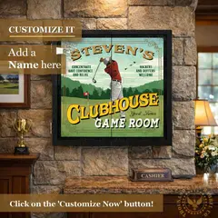 Personalized golf clubhouse dartboard cabinet mounted on stone wall in upscale golf clubhouse-style game room