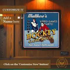 Personalized hockey game room dartboard cabinet mounted on wall with custom name design preview.