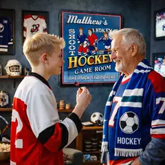 Grandfather and grandson enjoying a personalized hockey dartboard cabinet in a sports-themed game room.
