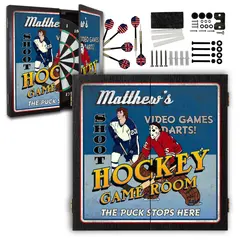 Personalized hockey dartboard cabinet open showing dartboard, darts, and mounting hardware included.