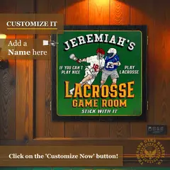 Custom name lacrosse dartboard cabinet mounted on wall with personalization preview and customize message.