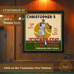 Custom tennis dartboard cabinet with personalized name displayed on wooden game room wall