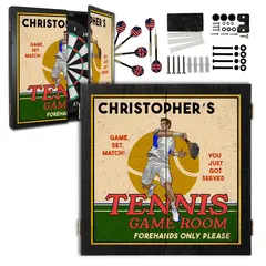Personalized tennis dartboard cabinet set with custom name design including darts and mounting accessories