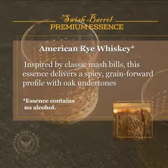 American Rye Whiskey Essence description highlighting spicy grain-forward profile with oak undertones and alcohol-free concentrate formula.