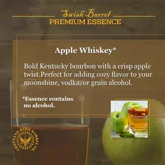 Apple Whiskey Essence description highlighting bold Kentucky bourbon with crisp apple twist for vodka or grain alcohol.