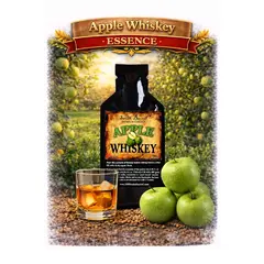 Premium Apple Whiskey Essence 20ml packet with fresh green apples and glass of apple flavored whiskey in an apple orchard.