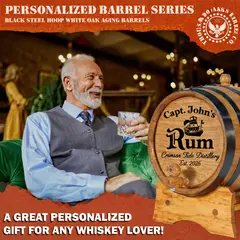 Custom pirate rum mini oak aging barrel displayed in luxury home bar setting with whiskey lover enjoying aged spirits.
