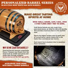Small American white oak aging barrel with medium char interior used to infuse rum and whiskey with vanilla, caramel and spice notes.