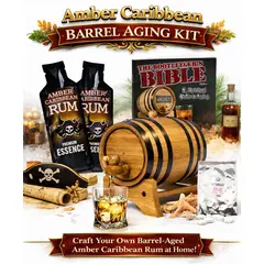 Caribbean rum aging barrel kit with oak barrel, amber rum essence packets, glass of rum, and Bootlegger’s Bible guide.