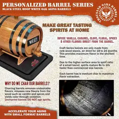 Charred American white oak mini barrel showing interior medium char for faster whiskey aging