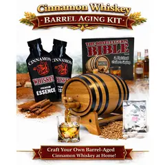 Cinnamon whiskey infusion kit with oak barrel aging system, premium essence pouches, glass of spiced whiskey over ice and cinnamon sticks background.