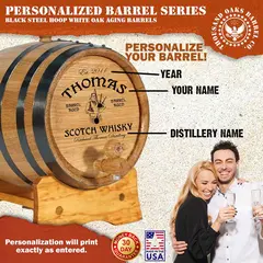 Personalized mini oak Scotch whisky barrel with custom engraved name, year, and distillery in traditional Scottish design.