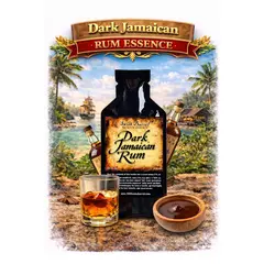 Dark Jamaican Rum Essence 20ml premium concentrate bottle with glass of rich Caribbean rum, molasses and tropical island background.