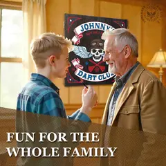Grandfather and grandson playing darts in a game room featuring a personalized skull dartboard cabinet with custom name design, perfect for man cave or home entertainment space.