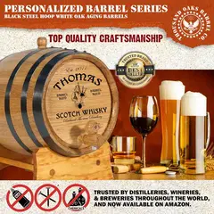 Handcrafted mini oak Scotch whisky aging barrel made from premium American white oak with black steel hoops.