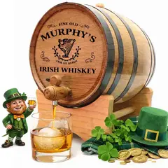 Personalized Irish whiskey mini oak aging barrel made from American white oak with black steel hoops and custom engraving