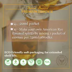 Instructions for making American Rye Whiskey at home by mixing one 20ml essence packet with 750ml vodka for classic rye flavor.