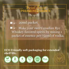 Instructions for making Canadian Rye Whiskey at home by mixing 20ml essence with 750ml vodka for smooth classic rye flavor.