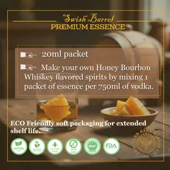 Instructions for making Honey Bourbon Whiskey at home by mixing one 20ml essence packet with 750ml vodka for smooth honey-infused bourbon flavor.