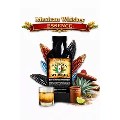 Mexican Corn Whiskey Essence 20ml premium flavor concentrate with glass of golden corn whiskey and heirloom blue, black, and yellow corn.