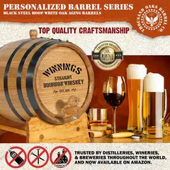 Handcrafted personalized oak whiskey barrel made from premium American white oak with black steel hoops for aging bourbon and spirits.
