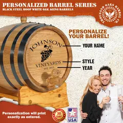 Personalized vineyard oak barrel shown as wedding, anniversary, and housewarming gift.