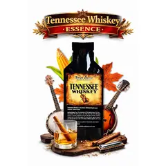 Tennessee Whiskey Essence 20ml premium charcoal mellowed corn whiskey flavor concentrate with glass of whiskey and autumn leaves.