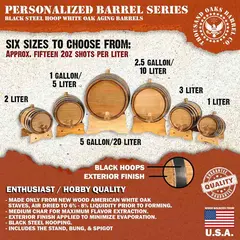 Mini oak aging barrel size comparison chart from 1 liter to 5 gallon capacity