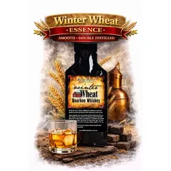 Winter Wheat Bourbon Essence 20ml bottle with glass of smooth wheated bourbon whiskey and wheat grains.