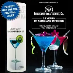 Liquor Quik Vodka Infusion Kit gift set with glass infuser bottle and premium packaging displayed with craft cocktails