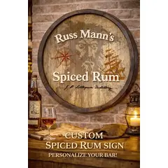 Blackbeard's Spiced Rum round barrel head wall sign featuring pirate face, compass rose and sailing ship artwork with rum bottle.