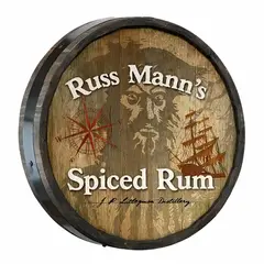 Russ Mann’s Spiced Rum handmade 20–21 inch quarter barrel sign showing 3D depth and wooden barrel rim detail.