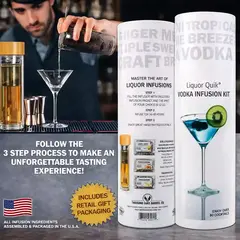 Liquor Quik Vodka Infusion Kit showing 3-step infusion process and retail gift packaging on bar counter