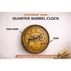 Customizable quarter barrel clock showing where personalized name and year can be added to the bourbon barrel wall clock design.