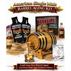 American Single Malt Whiskey barrel aging kit with oak barrel pouring whiskey into glass, essence, and gift set presentation.