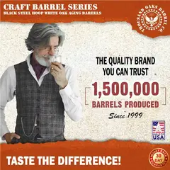American white oak aging barrels made in the USA with black steel hoops highlighting over 1.5 million barrels produced since 1999 and 30-day money back guarantee.