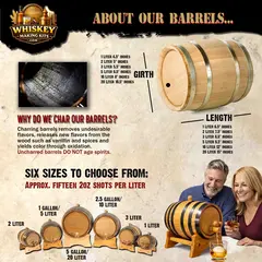 Charred American white oak aging barrels available in multiple sizes for home rum and whiskey aging