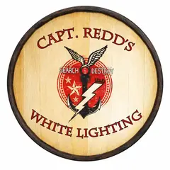 Custom Capt Redd’s White Lightning 20–21 inch quarter barrel sign with anchor and lightning bolt graphic on rustic wood background.