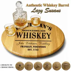 Authentic whiskey barrel head lazy susan product display with decanter and whiskey glasses

Image 6