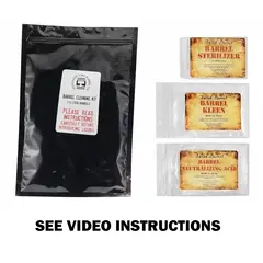 Barrel cleaning kit for 1–5 liter oak barrels including sterilizer tablets, barrel cleaner, and neutralizing acid packets displayed with main resealable pouch.