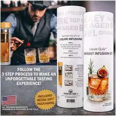 Liquor Quik whiskey infusion kit displayed on home bar counter with glass bottle and flavor packets.