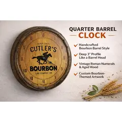 Rustic bourbon barrel style quarter barrel clock with vintage roman numerals handcrafted bar décor.