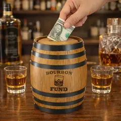 Mini oak barrel piggy bank with engraved Bourbon Fund design on whiskey bar with glasses and dollar bill being inserted