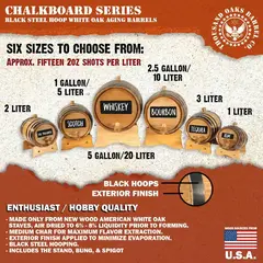 Lineup of chalkboard aging barrels from 2 liters to 5 gallons with labels like Scotch, Whiskey, Bourbon, Tequila, and Rum, promoting American white oak construction and hobby-grade quality.
