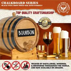 Small chalkboard aging barrel labeled “Bourbon” with date, pouring whiskey into a glass, accompanied by The Bootlegger’s Bible: A Spiritual Guide to Aging.