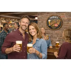 Brew pub quarter barrel wall sign displayed in bar setting with friends enjoying beer.