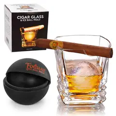Whiskey cigar glass with built-in cigar holder and ice ball mold gift set product display.