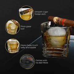 Close-up of whiskey glass with cigar rest showing thick base, heavy glass wall and round ice ball mold.