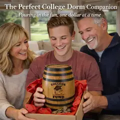 Parents giving their college student a College Drinking Fund oak barrel piggy bank gift in a living room with golf course view outside the window.