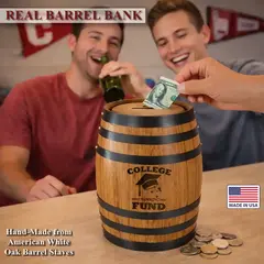 Two college students laughing behind a College Drinking Fund oak barrel piggy bank while one deposits money and the other drinks a beer.